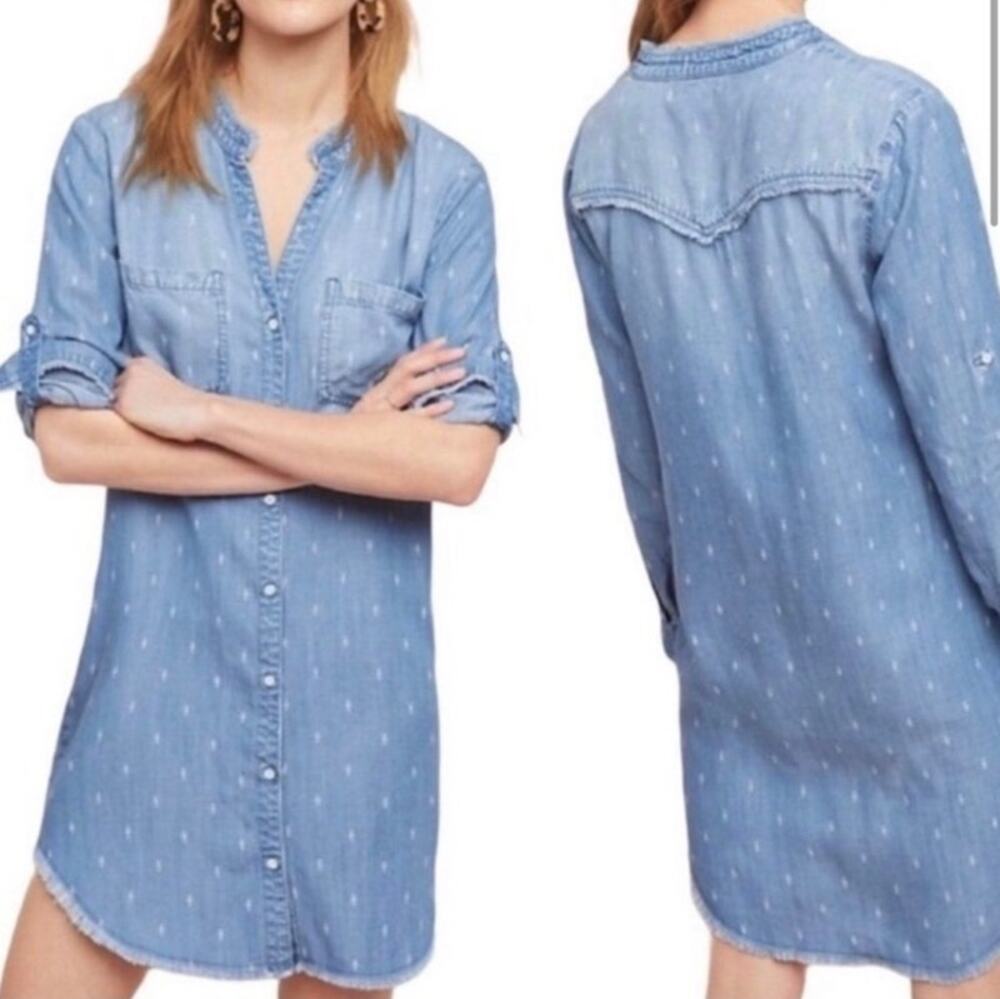 Cloth & Stone Tencel Chambray Shirt Dress Small Boho Coastal Cowgirl Frayed